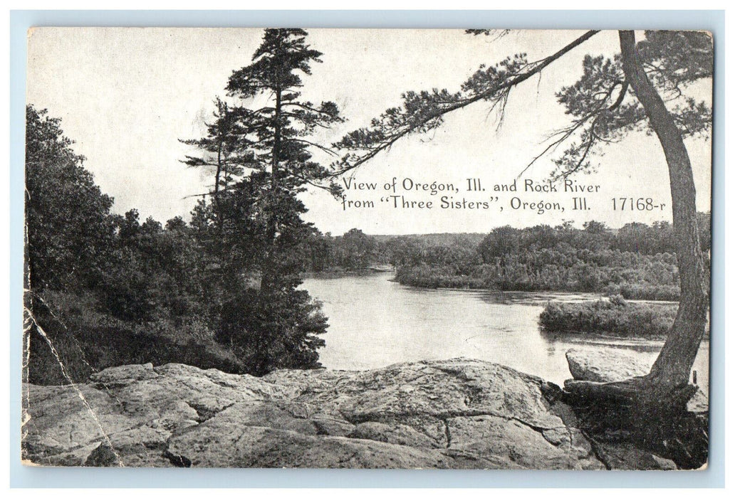 c1910 View of Rock River and Oregon, Illinois IL from Three Sisters Postcard