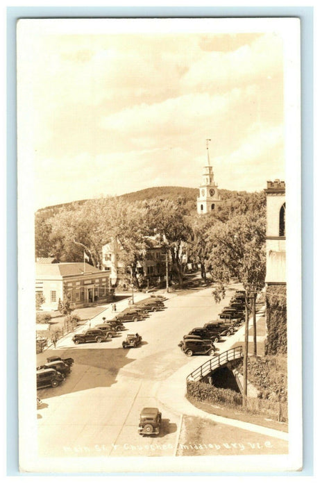 c1940's Main St. Churches Middlebury Vermont VT Vintage RPPC Photo Postcard