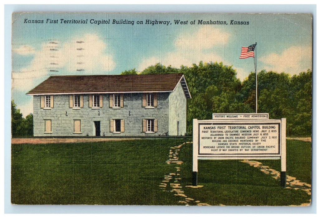 1953 Kansas First Territorial Capitol Building West of Manhattan KS Postcard