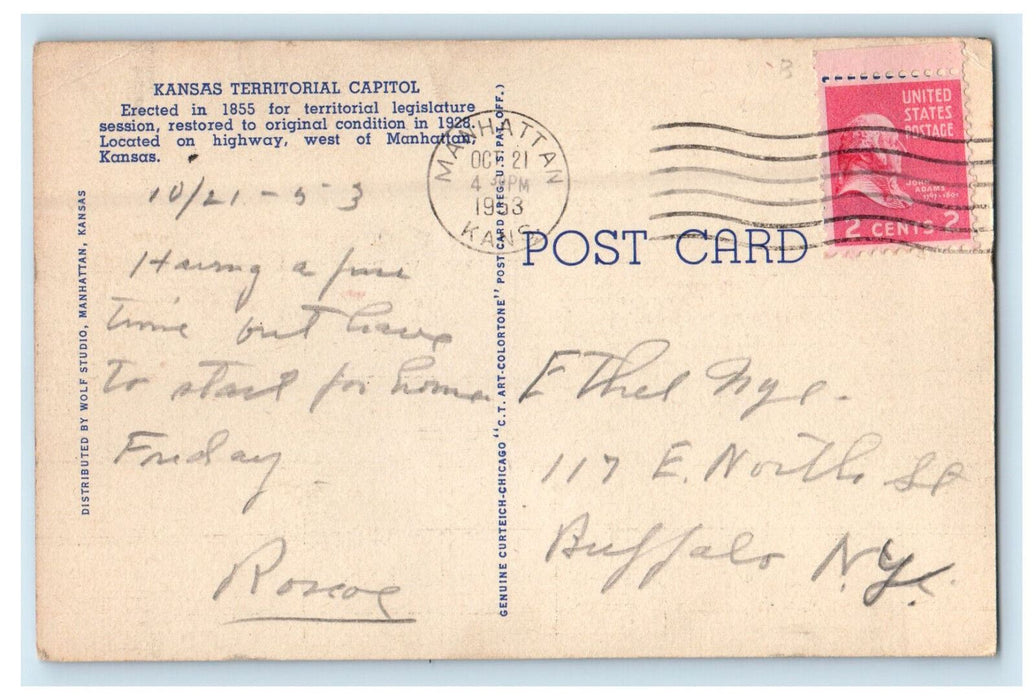 1953 Kansas First Territorial Capitol Building West of Manhattan KS Postcard
