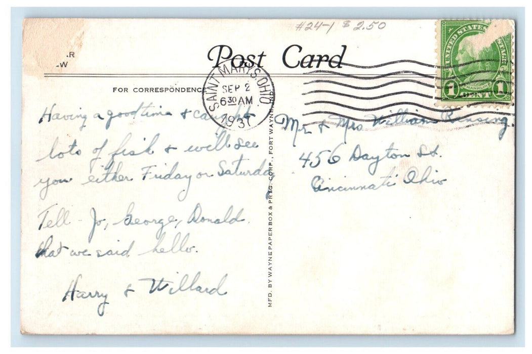 1937 Feeding Fish At State Fish Hatchery On Lake St. Mary's Ohio OH Postcard
