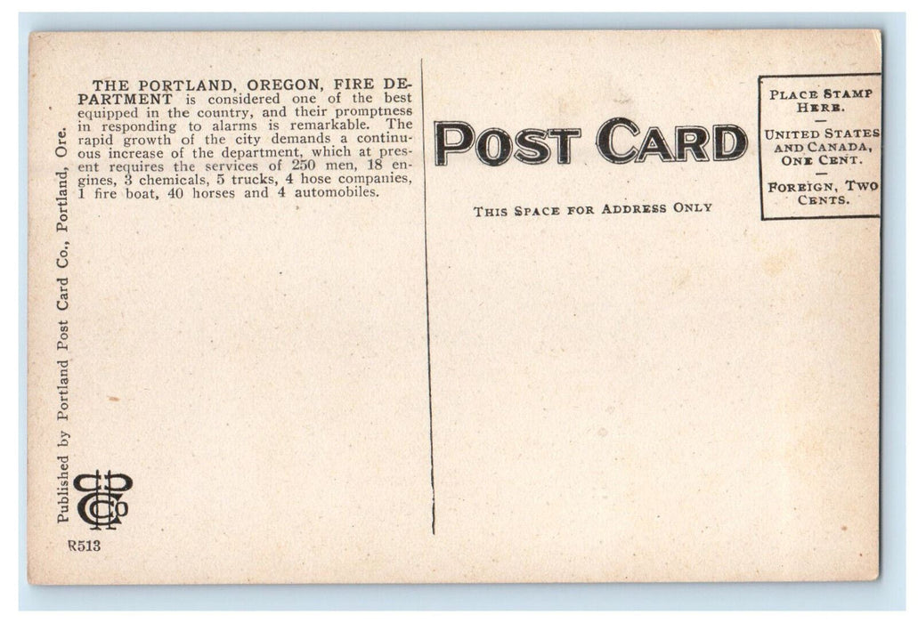 c1910 Horse Fire Responder, Fire Department, Portland Oregon OR Postcard