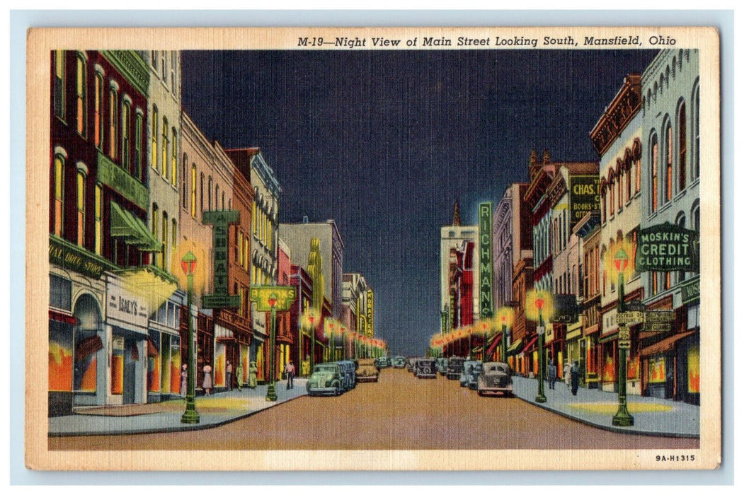 c1950 Night View of Main Street, Looking South Mansfield Ohio OH Postcard