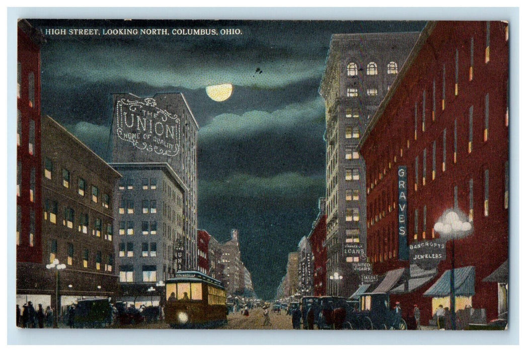 1920 High Street at Night, Looking North Columbus Ohio OH Posted Postcard