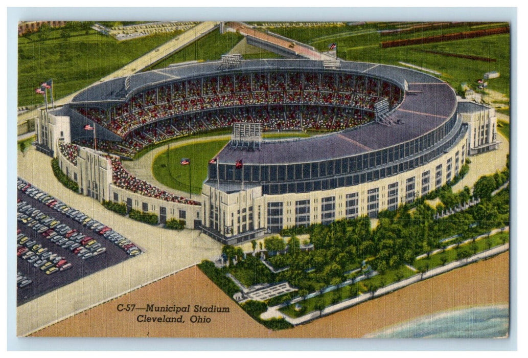 c1940s Municipal Stadium from Lake Erie Side Cleveland Ohio OH Postcard