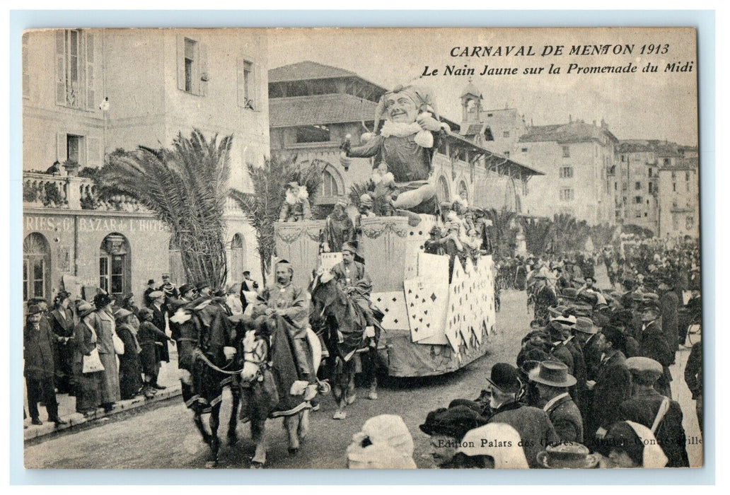 1913 Carnaval de Menton France Parade Carnival Jester La Nain Jaune Postcard