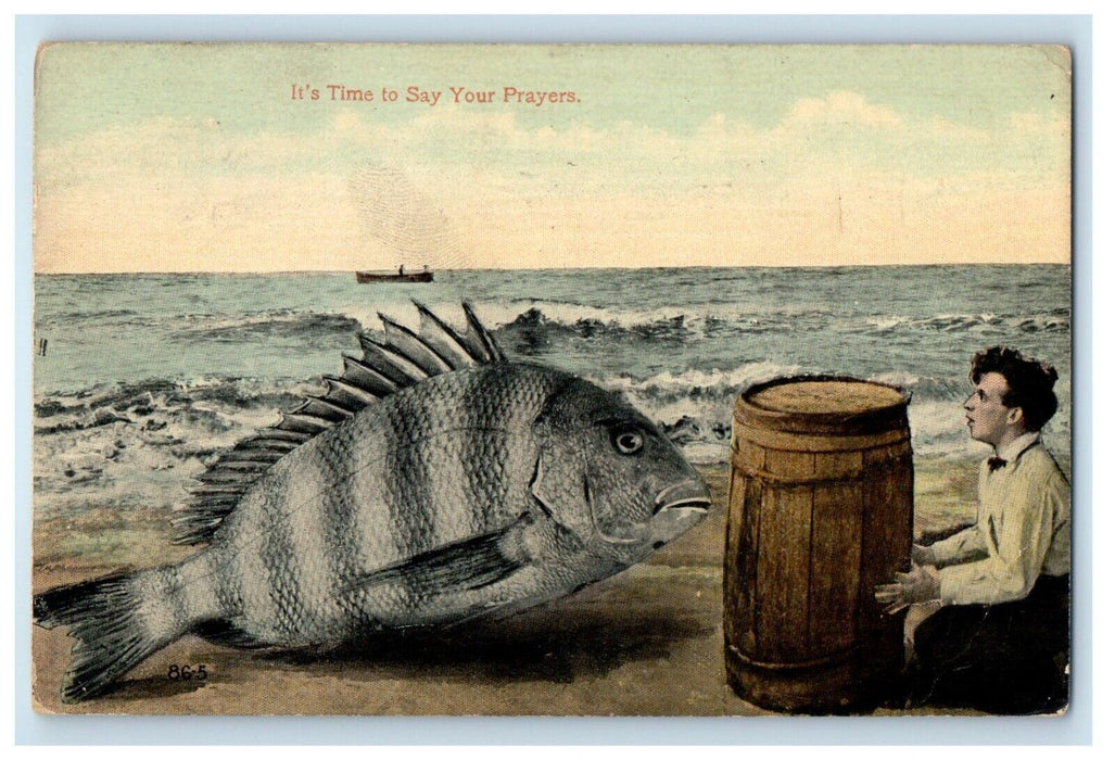 1918 Exaggerated Fish Boy Hide Barrel, It's Time To Say Your Prayers Postcard