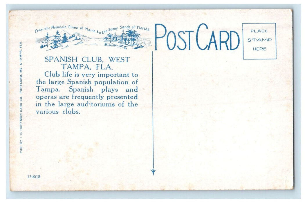 c1920s The Cigar City, Spanish Club, West Tampa Florida FL Unposted Postcard