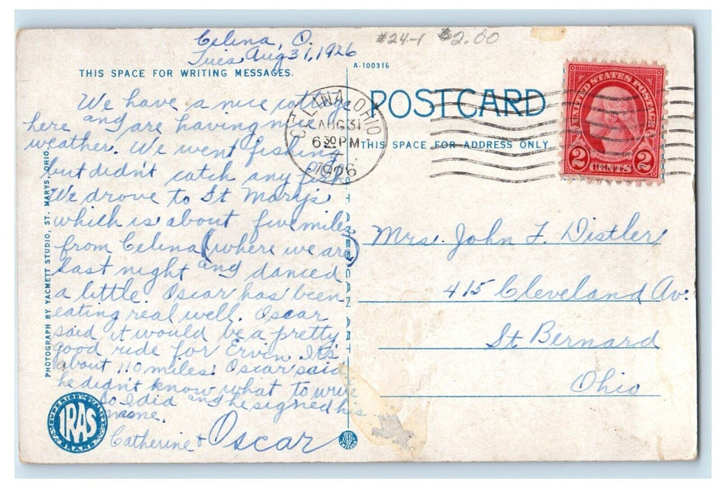 1926 Lovers Lane Lake St. Marys, St. Marys Ohio OH Posted Vintage Postcard