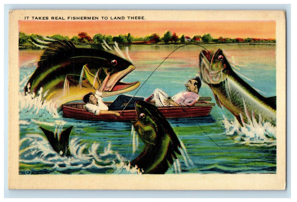 1941 Exaggerated Fish, It Takes Real Fishermen to Land These ME Posted Postcard