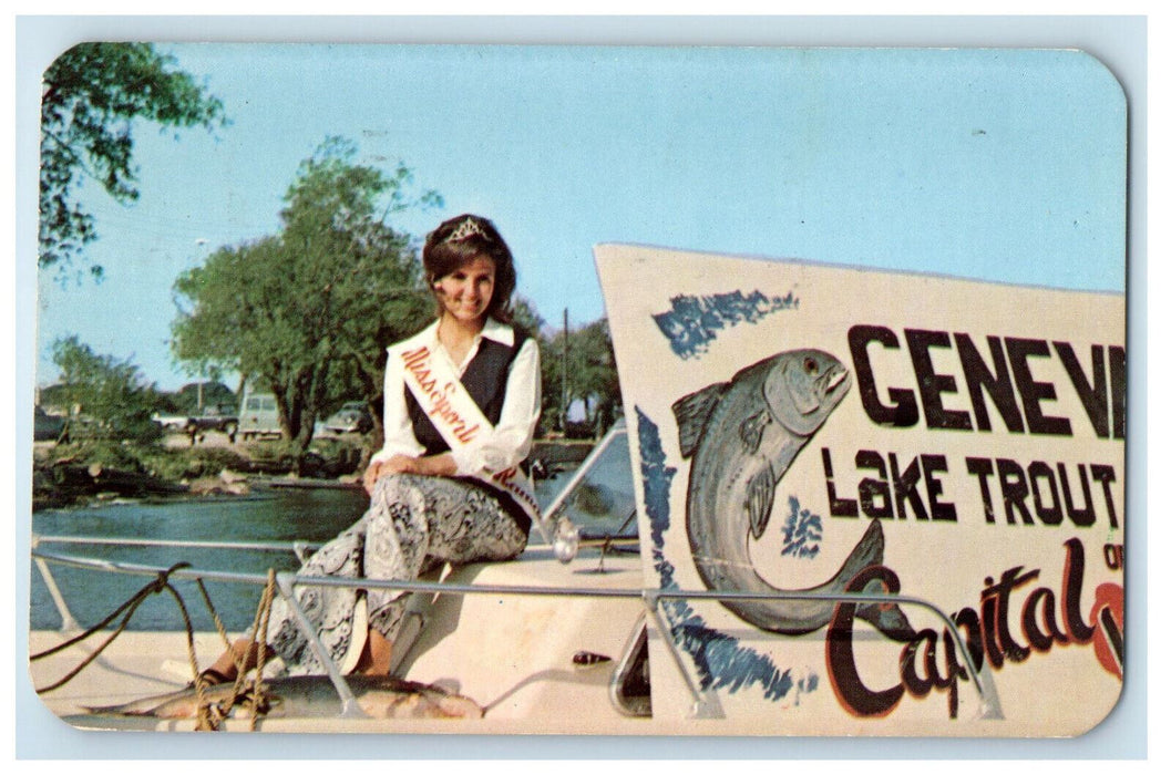 1970 Miss Sports-O-Rama National, Lake Trout Fishing, Waterloo NY Postcard