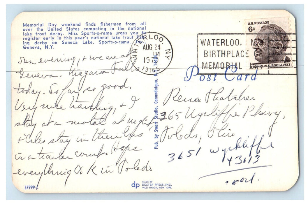 1970 Miss Sports-O-Rama National, Lake Trout Fishing, Waterloo NY Postcard