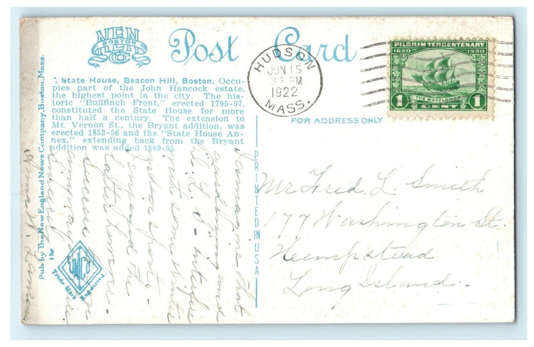 1922 State House Boston Massachusetts MA Hudson Mayflower Stamp Postcard