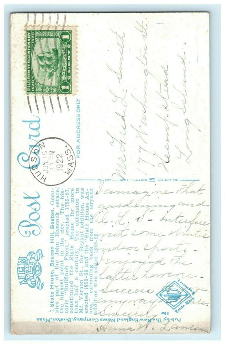 1922 State House Boston Massachusetts MA Hudson Mayflower Stamp Postcard
