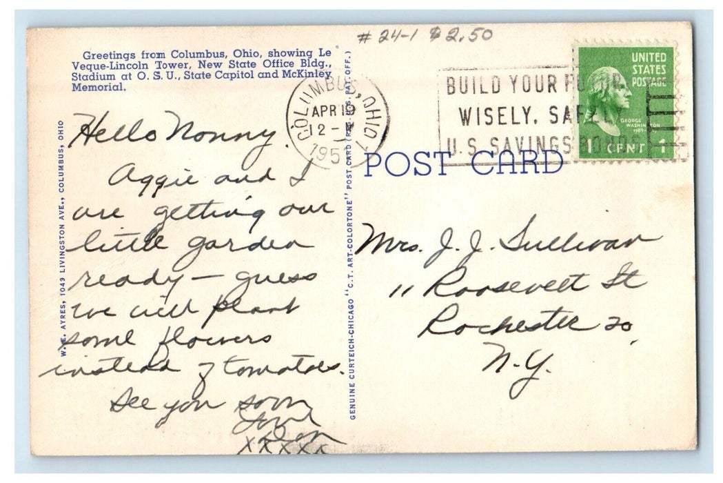 1951 Greetings From Columbus Ohio OH, Multiview Posted Vintage Postcard