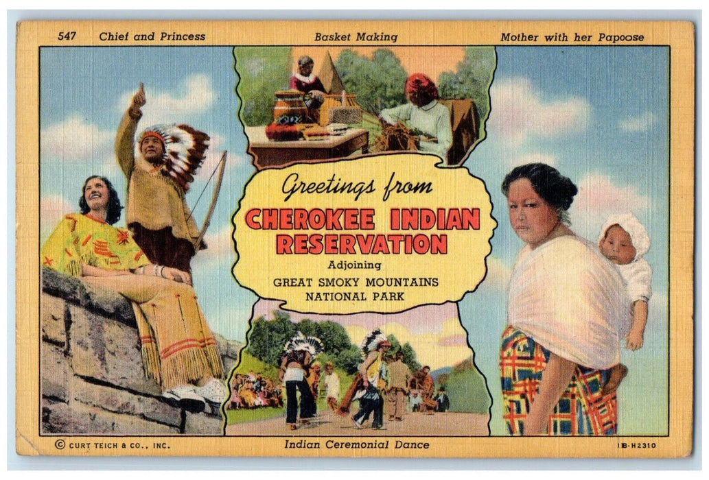 c1960's Greetings from Cherokee Indian Reservation Multiview NC Postcard