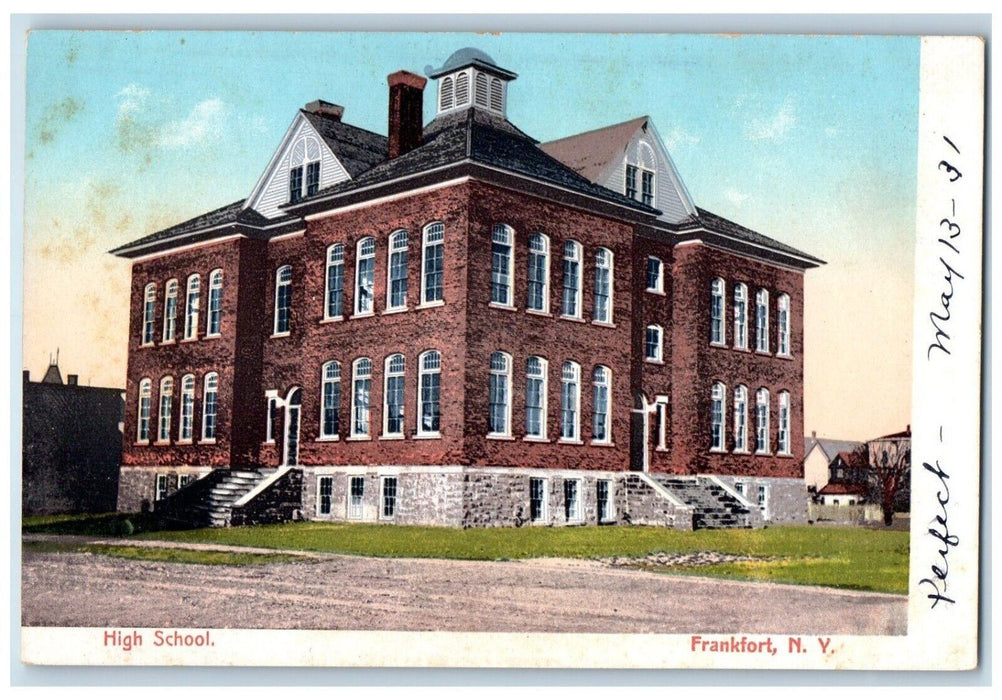 c1905 High School Building Dirt Road Frankfort New York NY Antique Postcard