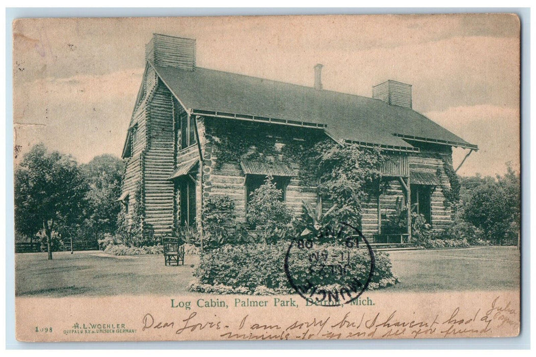 1908 Log Cabin Palmer Park Detroit Michigan MI Antique Posted Postcard