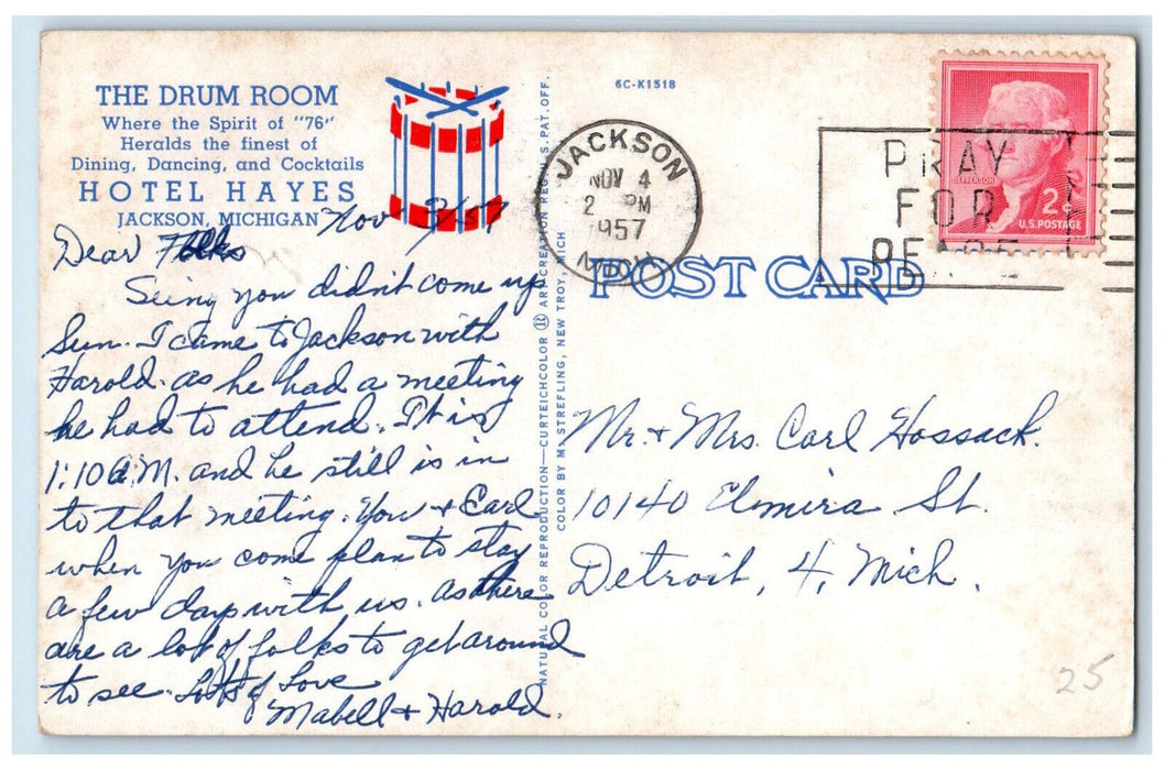 1957 The Drum Dining Room Hotel Hayes Jackson Michigan MI Vintage Postcard