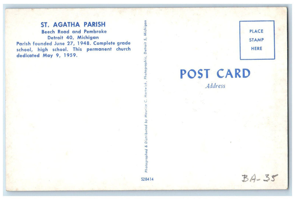 c1960's St. Agatha Parish Beech Road and Pembroke Detroit Michigan MI Postcard