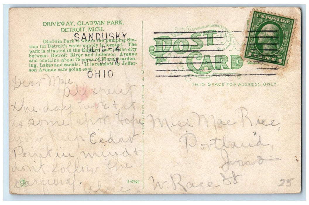 1914 Driveway Gladwin Park Detroit Michigan MI Antique Posted Postcard