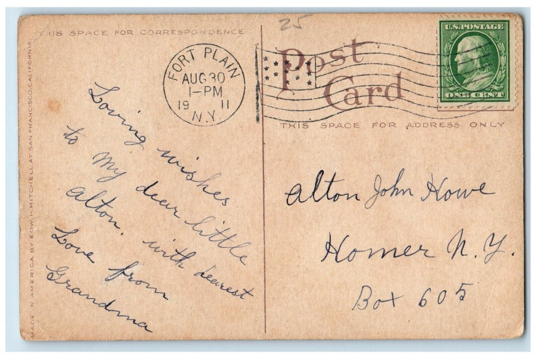 1911 Greetings From Fort Plain New York NY, Red Roses Flowers Antique Postcard