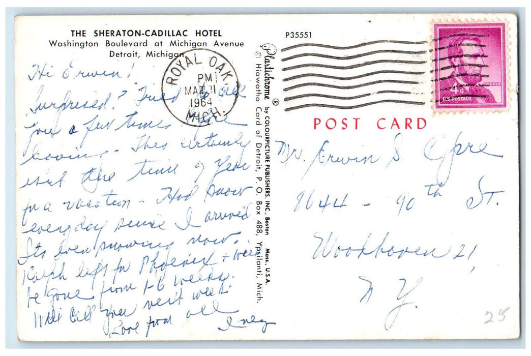 1964 The Sheraton-Cadillac Washington Boulevard Hotel Detroit MI Postcard