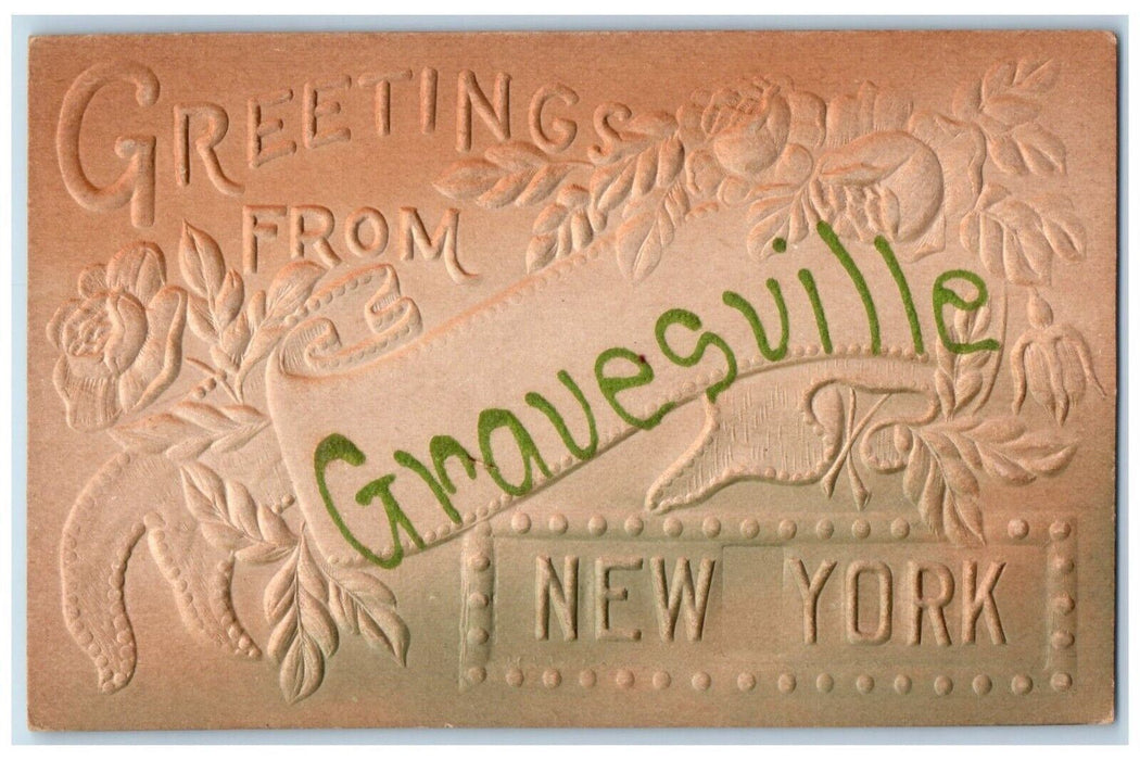 1910 Greetings From Gravesville New York NY, Flowers Embossed Antique Postcard