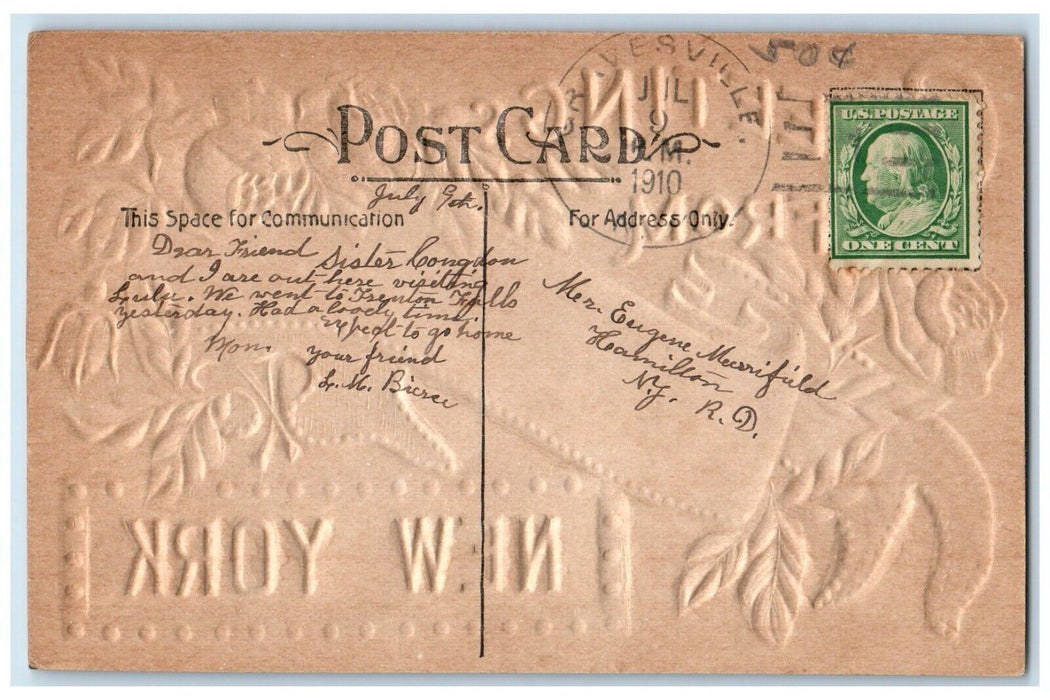 1910 Greetings From Gravesville New York NY, Flowers Embossed Antique Postcard