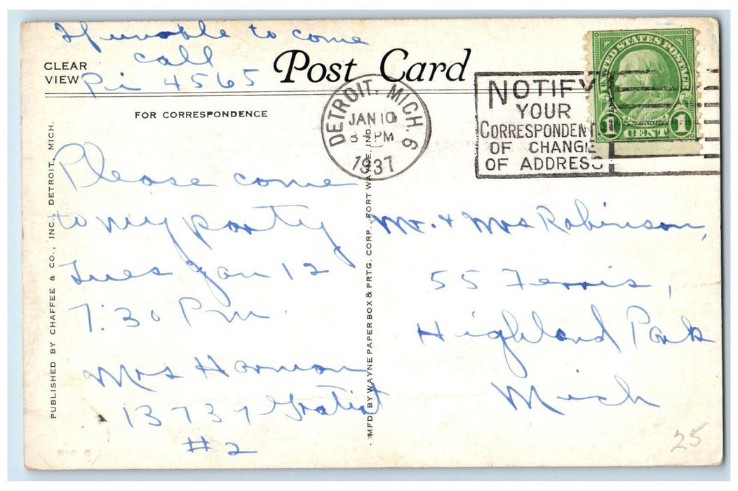 1937 Hotel Statler Detroit Michigan MI Vintage Posted Clear View Postcard