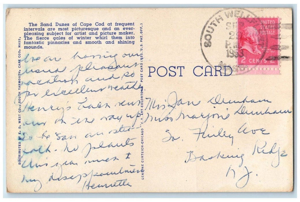 1953 View Of Cape Cod San Dunes South Wellfleet Massachusetts MA Posted Postcard