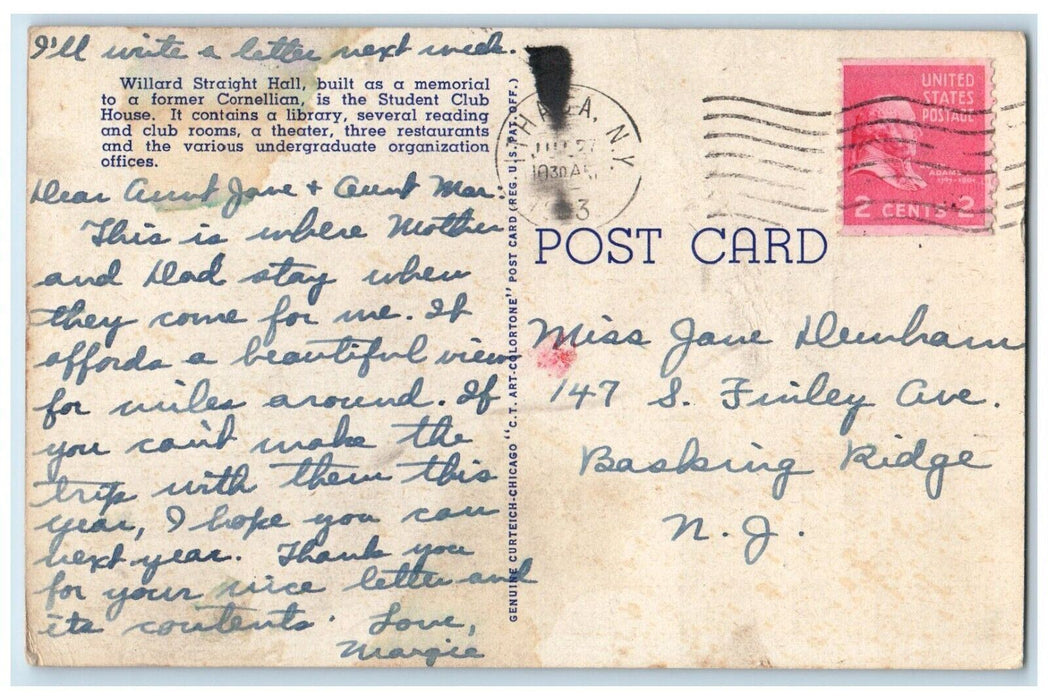 1953 Willard Straight Hall Cornell University Ithaca New York NY Posted Postcard
