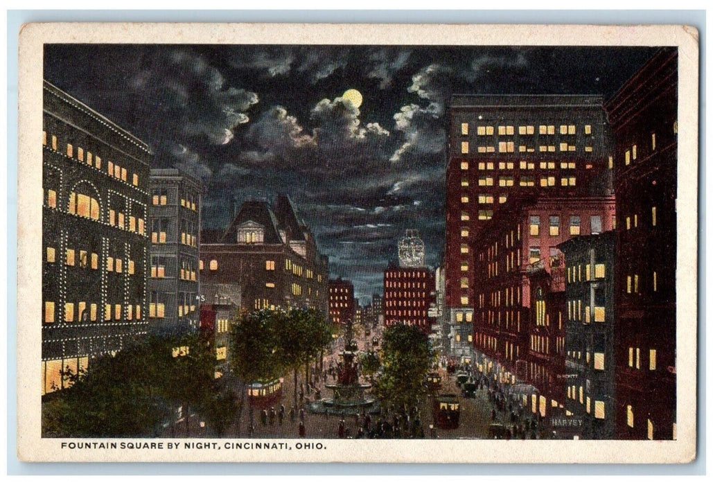 c1930's Fountain Square By Night Moonlight View Cincinnati Ohio OH Postcard