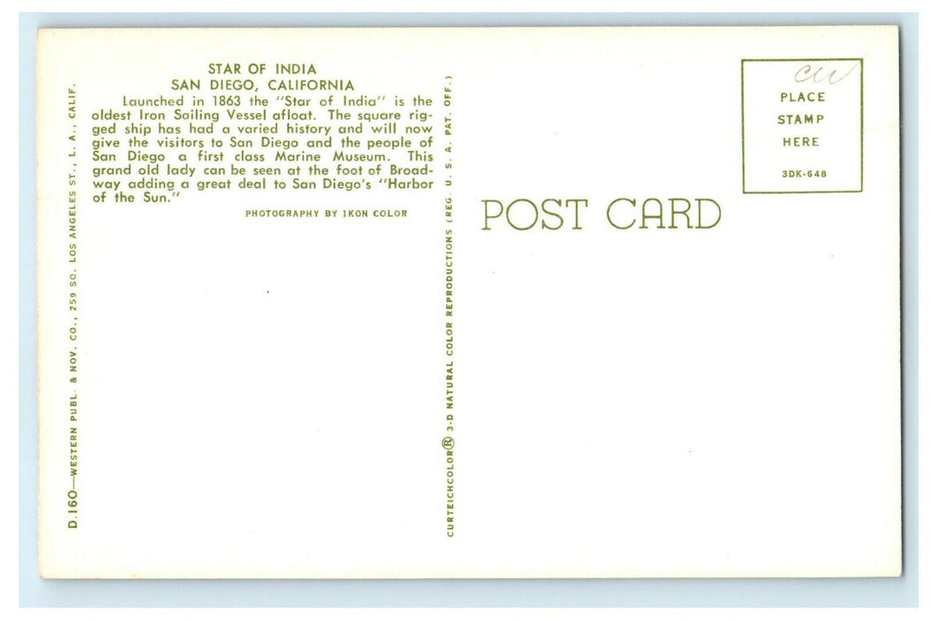 Star Of India Oldest Iron Sailing Ship Vessel San Diego California CA Postcard