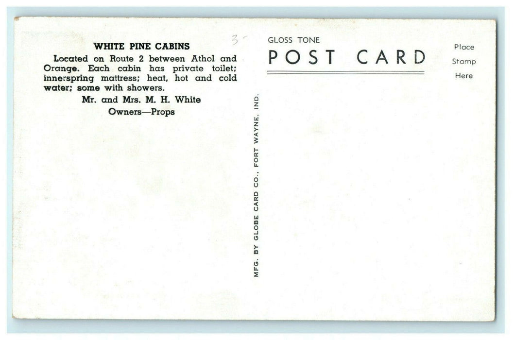 White Pine Cabins Orange Massachusetts Fort Wayne IN Globe Card Co. Postcard