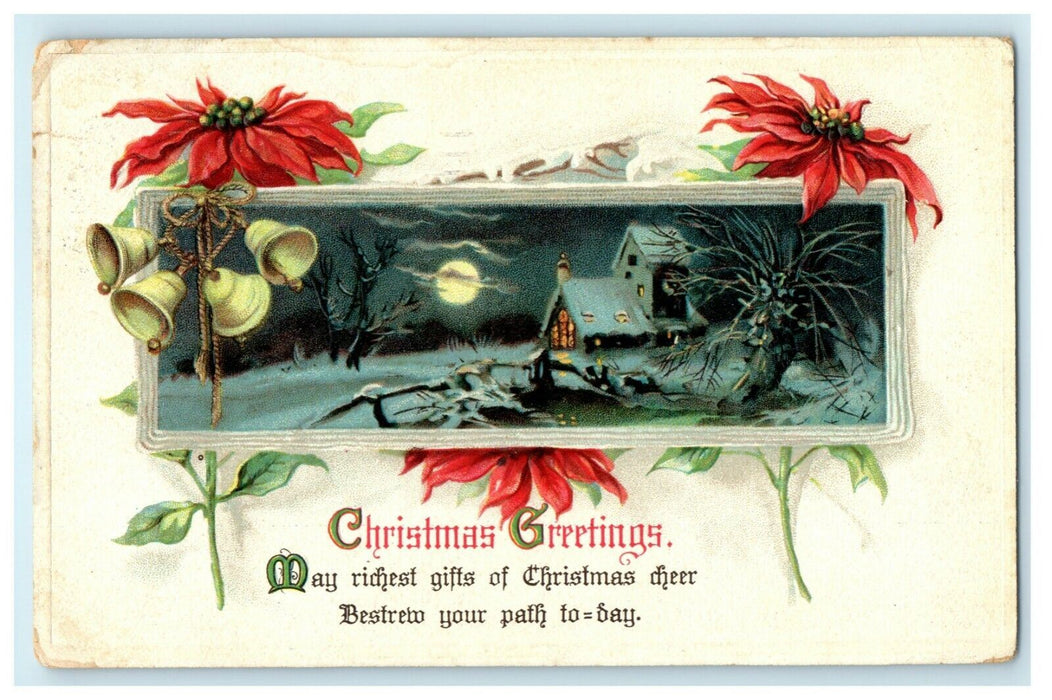 Antique 1910's Christmas Poinsettia Bells Moon Cottage Germany Embossed Postcard