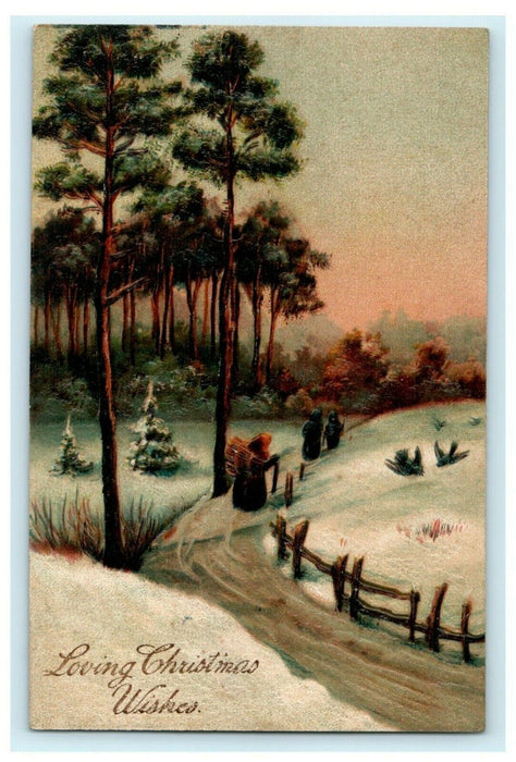 Christmas Card Snow Path 1909 Embossed Bryan Ohio Forest Antique Postcard