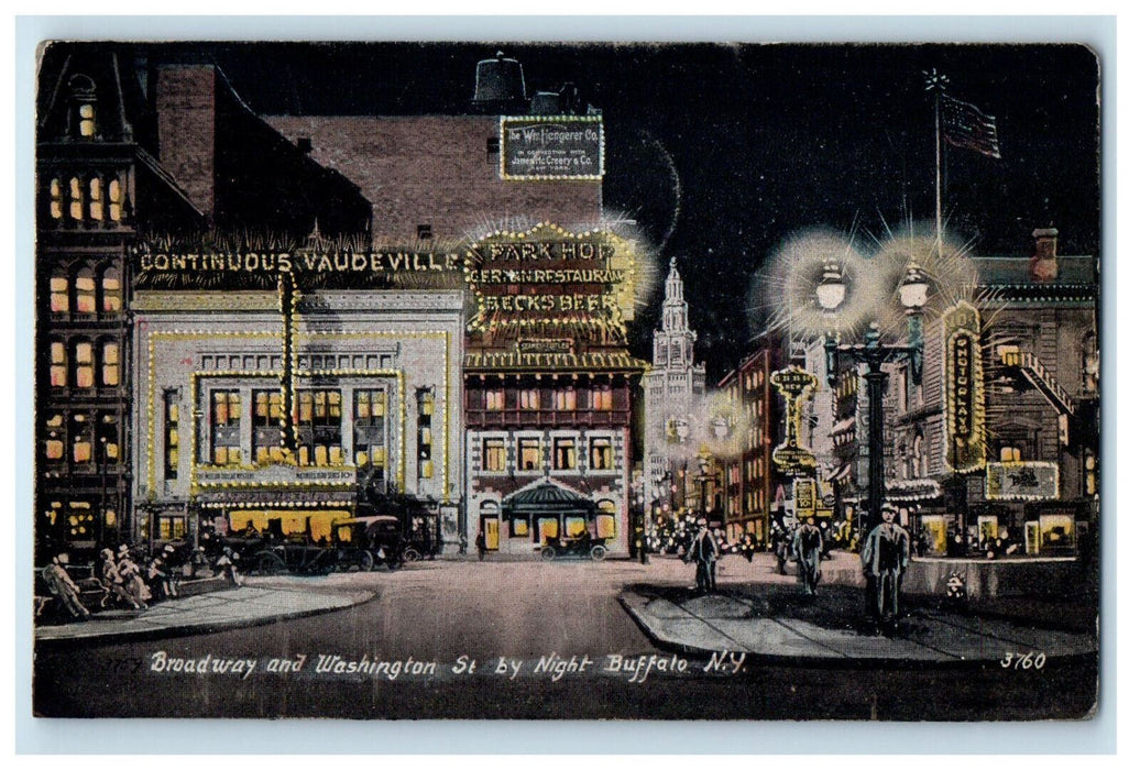 1902 Broadway and Washington St. at Night Buffalo NY Posted Postcard