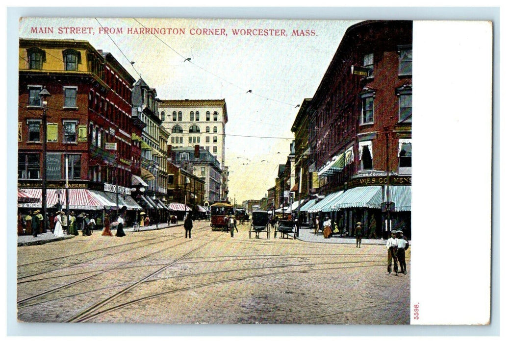 1906 Main Street from Harrington Corner, Worcester Massachusetts MA Postcard