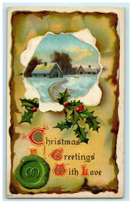 Antique 1910's Christmas Cottage Holly Seal Posted Embossed Postcard