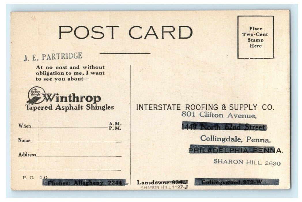 c1930's Winthrop Asphalt Shingles House Advertising Collingdale PA Postcard