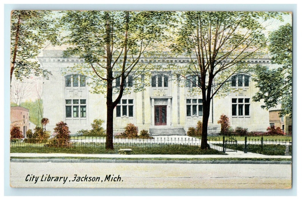 1907 City Library Jackson Michigan MI Detroit Chicago RPO Train Cancel Postcard