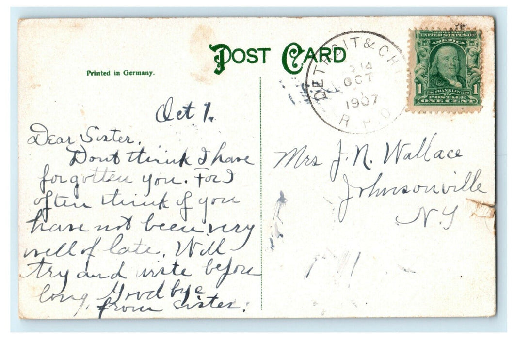 1907 City Library Jackson Michigan MI Detroit Chicago RPO Train Cancel Postcard