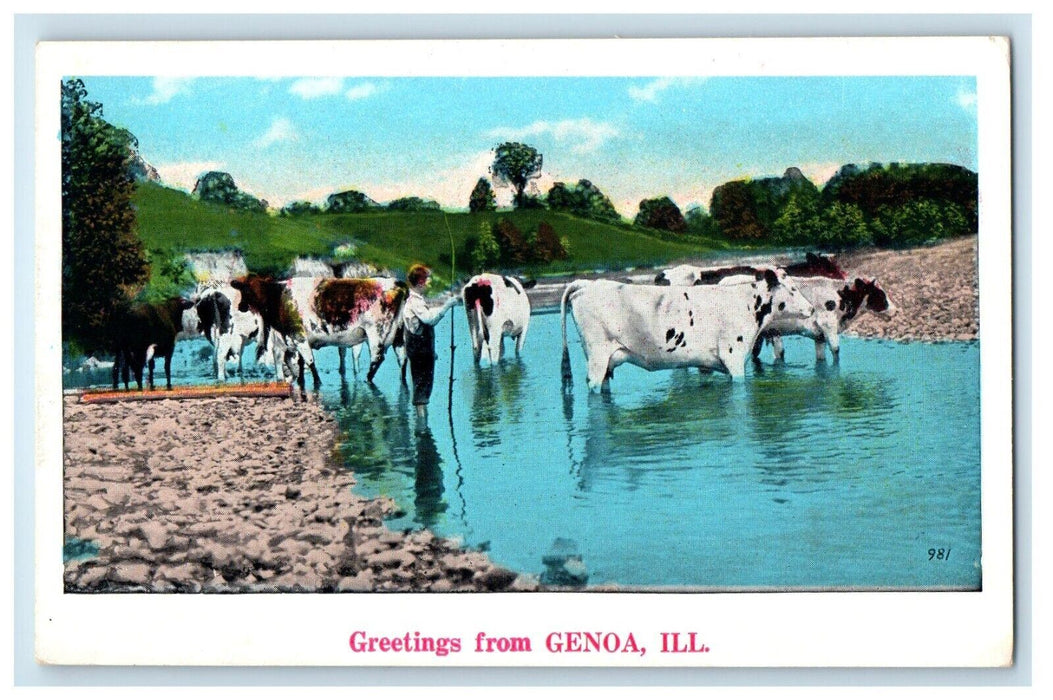 Greetings From Genoa Illinois IL, Boy And Cows View Postcard