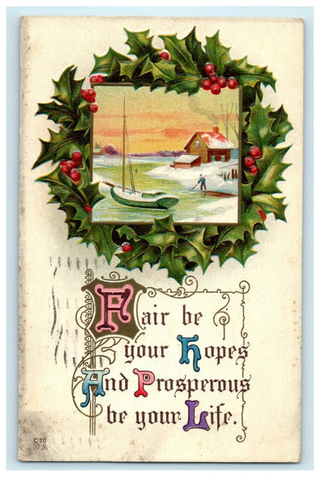 1913 Merry Christmas Wreath Nash Motto Sailboat River Cottage Embossed Postcard