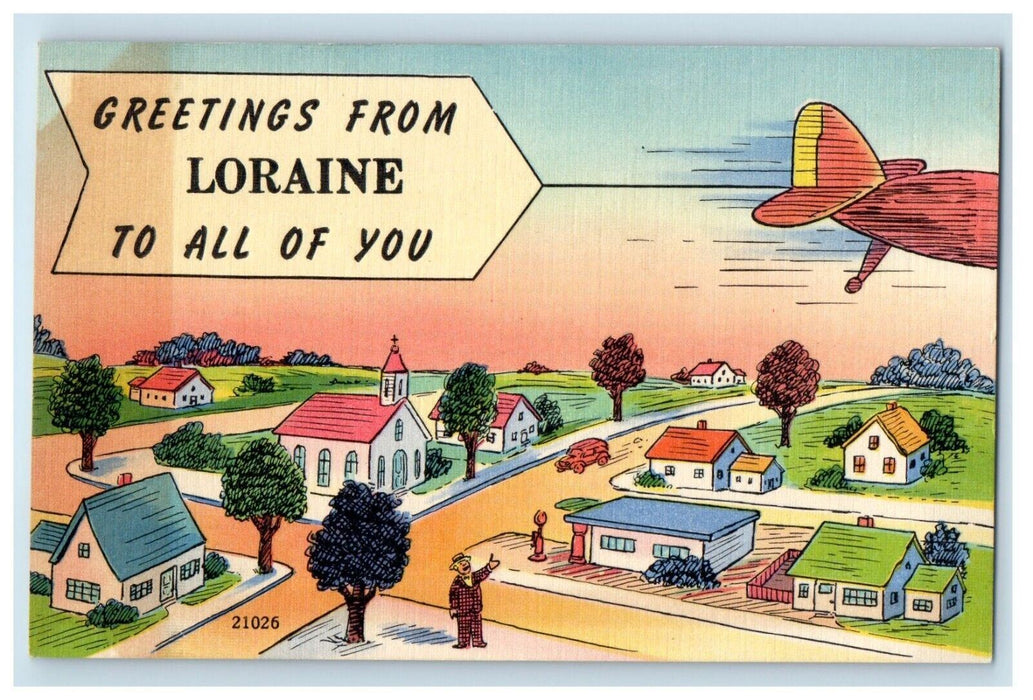 Greetings From Loraine Illinois IL, To All Of You, Airplane Houses Postcard