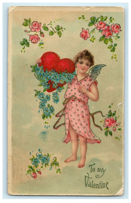 1908 Valentine Angel Heart Flowers Gel Nice Town Station Posted Antique Postcard