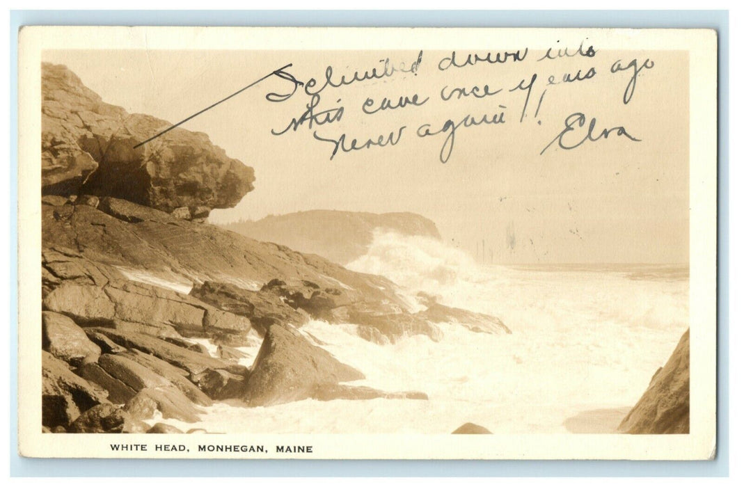 1934 White Head Monhegan Maine ME Ocean Rocks RPPC Photo Postcard