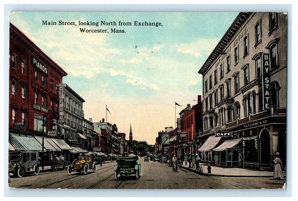 1914 Main Street Looking North from Exchange Worcester Massachusetts MA Postcard