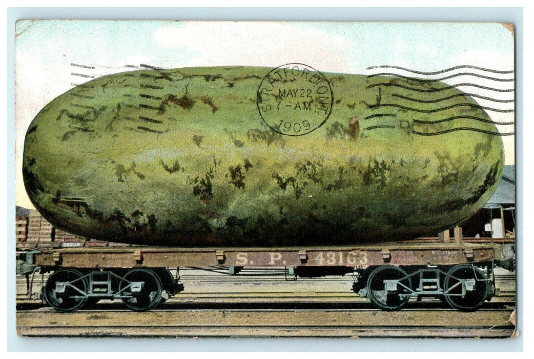 1909 Exaggerated Giant Watermelon Train car Fort William Ontario Canada Postcard